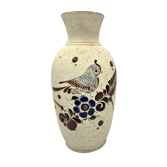 Mexican Tonala Pottery Vase Bird & Floral Design Beige Brown Blue - Picture 1 of 16